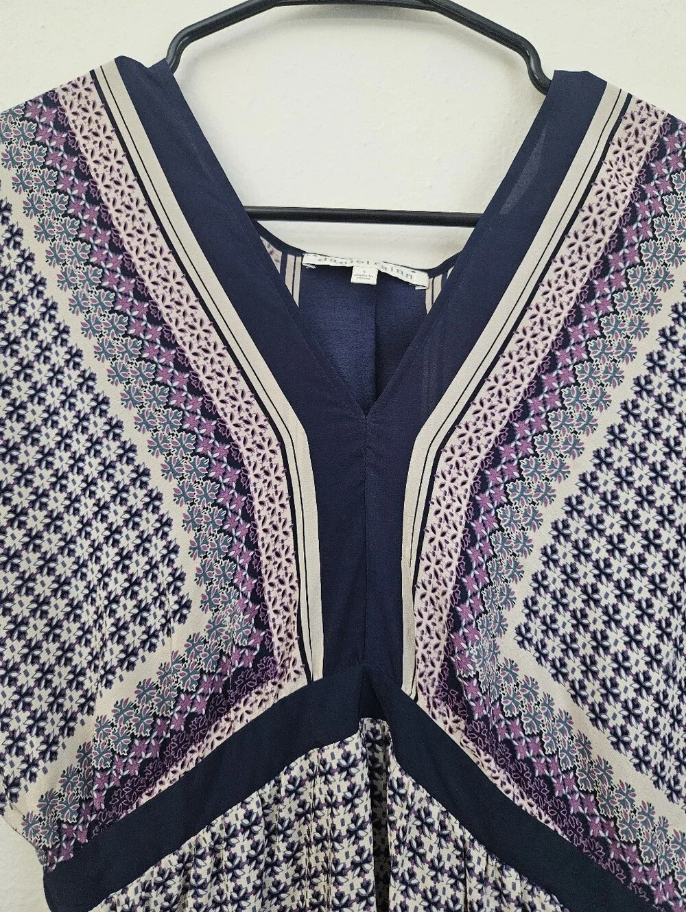 100 % Silk Daniel Rainn Navy, Cream and Purple V-Neck Patterned Tunic
